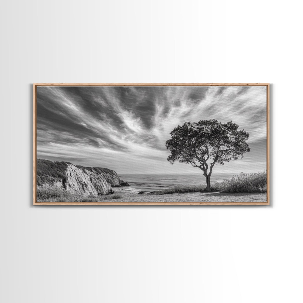 Coastal Tree Cliff, Ocean Breeze Scene, Scenic Nature Vibes, Framed Canvas Print, Boho Bedroom or Serene Living Room Wall Art