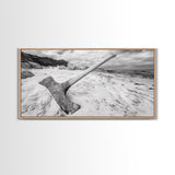 Axe in Sand, Abandoned Tool Scene, Rustic Coastal Mood, Framed Canvas Print, Cabin Wall Art or Moody Fall Living Room Decor, Bathroom Wall Art
