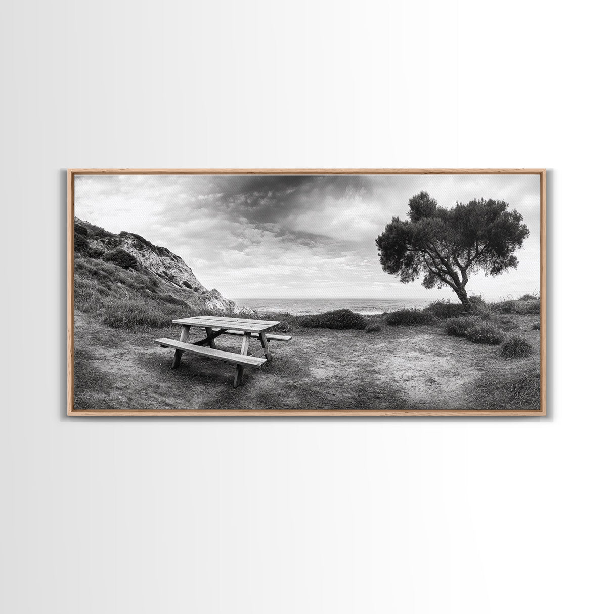 Picnic Table View, Coastal Meadow Scene, Tree and Cliff Horizon, Framed Canvas Print, Relaxing Kitchen or Outdoor Patio Wall Art