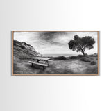 Picnic Table View, Coastal Meadow Scene, Tree and Cliff Horizon, Framed Canvas Print, Relaxing Kitchen or Outdoor Patio Wall Art