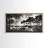 Tree Silhouettes, Coastal Pines Sunset, Nature Path Scene, Framed Canvas Print, Autumn Living Room or Rustic Cabin Wall Decor
