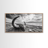 Highland Bull, Ocean Cliff, Coastal Wildlife, Nature Scene, Framed Canvas Print, Rustic Wall Decor, Farmhouse Wall Art, Cabin Aesthetic