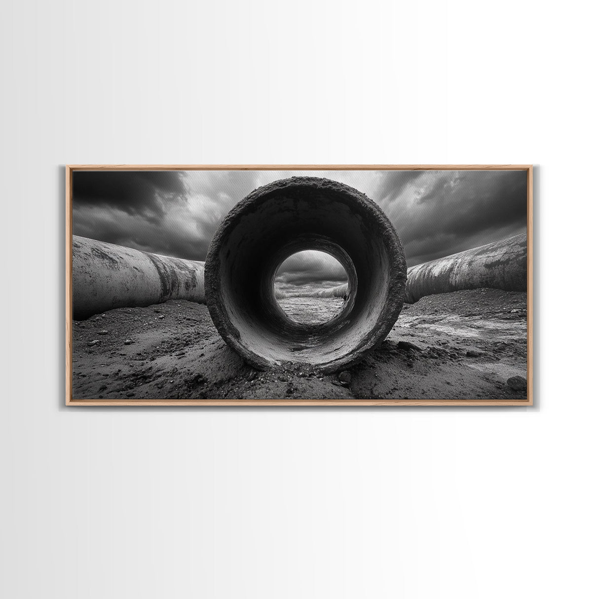 Storm Drain Pipe, Industrial Perspective, Moody Cloudscape, Framed Canvas Print, Urban Loft Decor or Dramatic Modern Wall Art