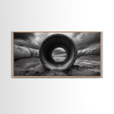 Storm Drain Pipe, Industrial Perspective, Moody Cloudscape, Framed Canvas Print, Urban Loft Decor or Dramatic Modern Wall Art