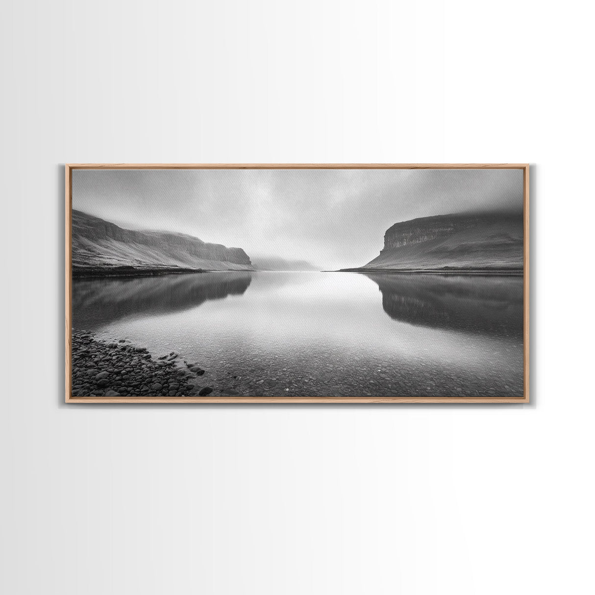 Misty Fjord Reflection, Calm Water Scene, Nordic Landscape, Peaceful Wall Decor, Canvas Print, Office Wall Art, Minimalist Mountains