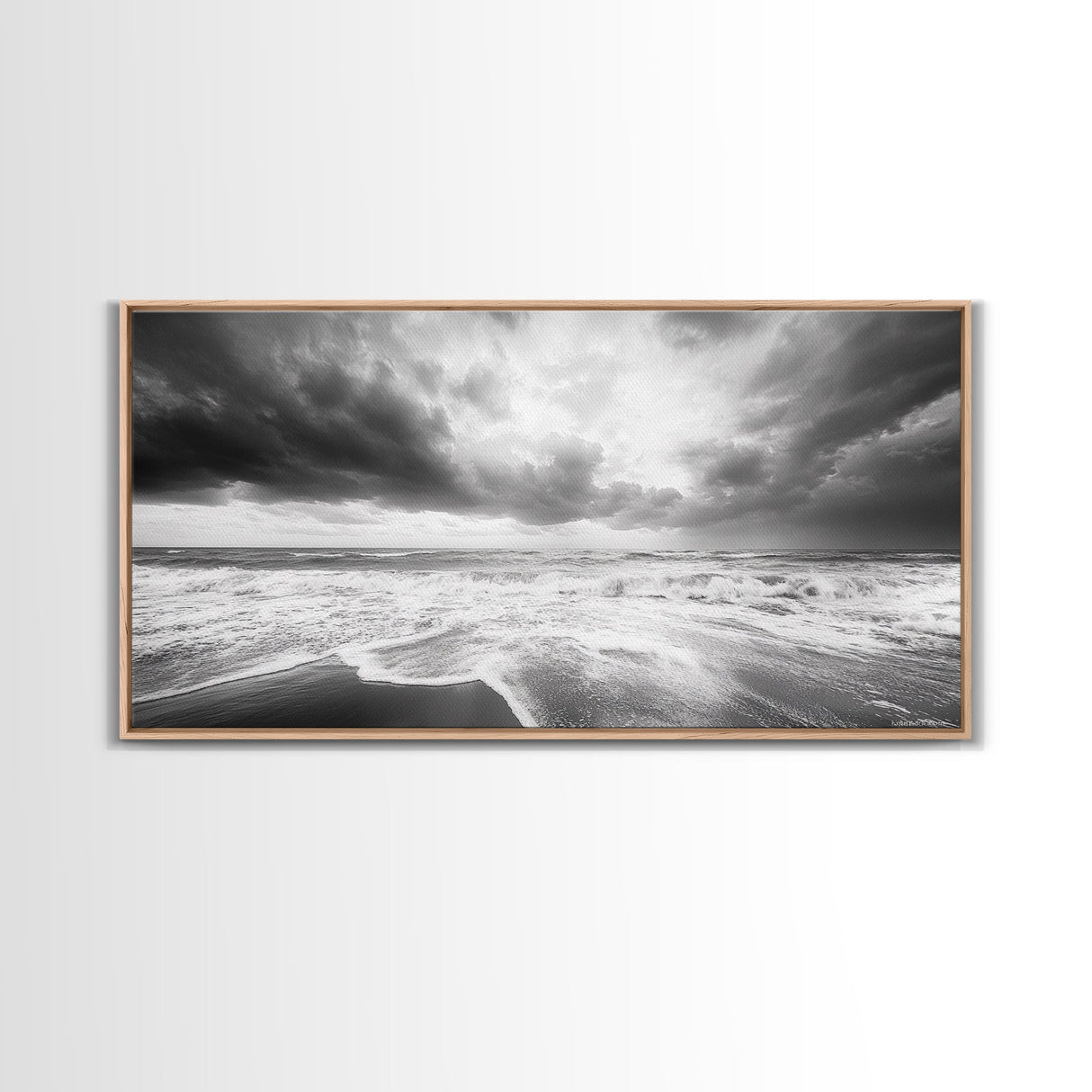 Stormy Sea, Ocean Waves, Monochrome Seascape, Dramatic Beach View, Framed Canvas Print, Nautical Wall Art, Bathroom Coastal Decor