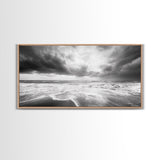Stormy Sea, Ocean Waves, Monochrome Seascape, Dramatic Beach View, Framed Canvas Print, Nautical Wall Art, Bathroom Coastal Decor