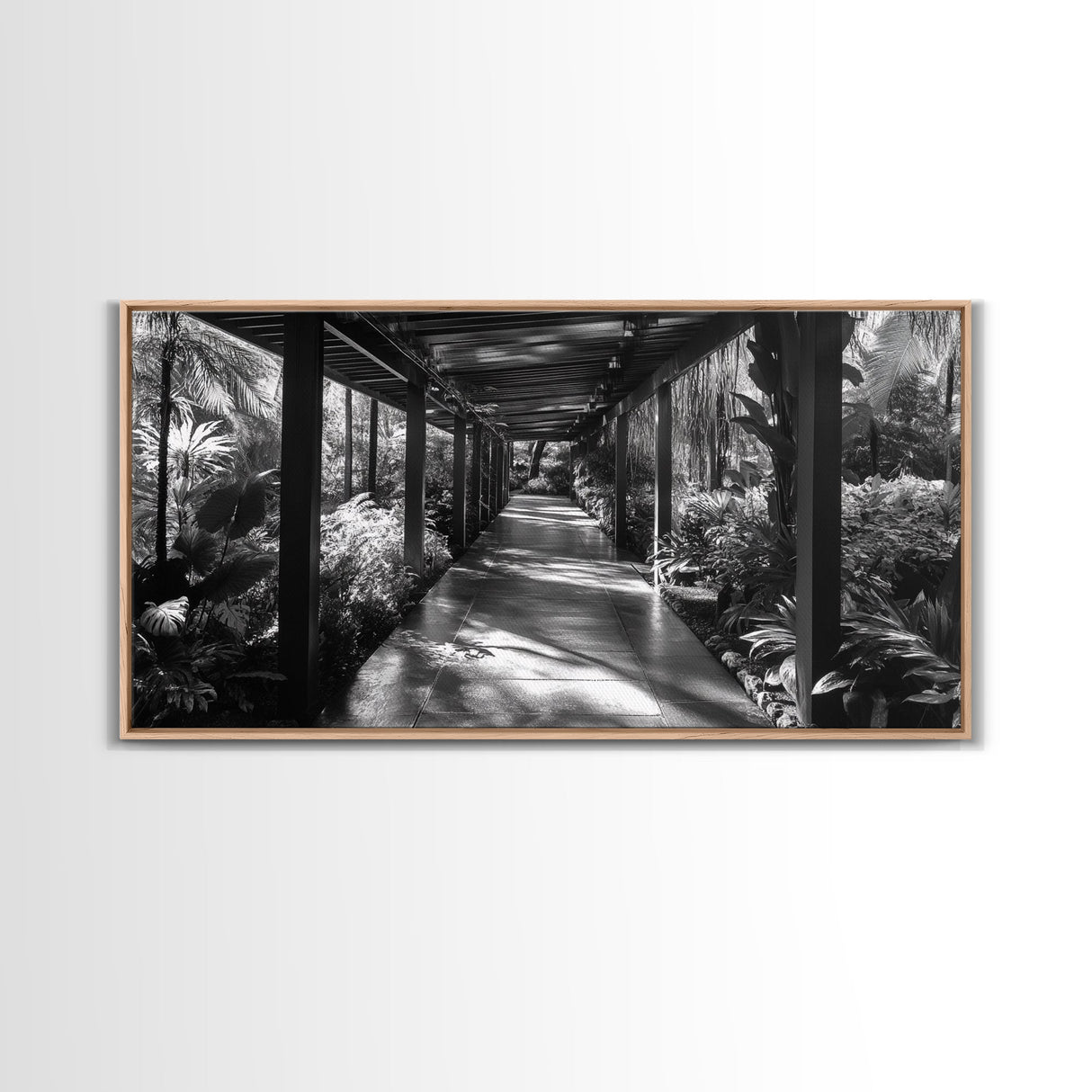 Serene Garden Pathway, Nature Tunnel Walk, Tropical Jungle Scene, Framed Canvas Print, Minimalist Art, Living Room Wall Decor