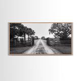 Rustic Gate Trail, Southern Country Road, Tree-Lined Entry, Framed Canvas Print, Farmhouse Style, Entryway or Office Wall Art