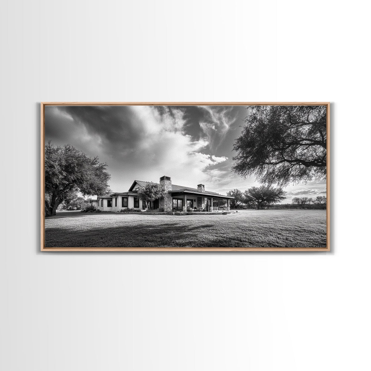 Southwestern Ranch Home, Texas House Scene, Peaceful Rural Living, Framed Canvas Print, Rustic Landscape Art, Living Room Decor