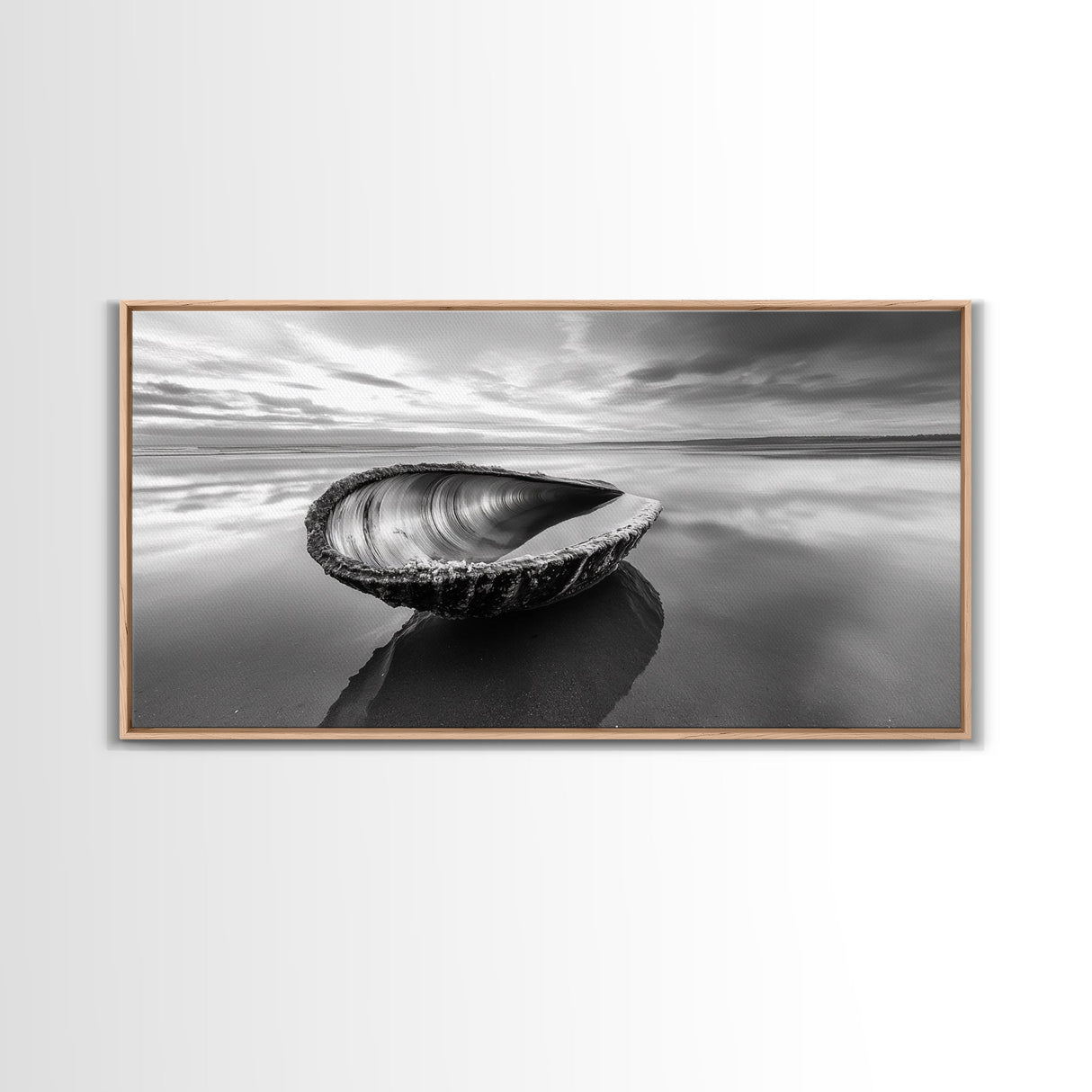Seashell Shore Still, Ocean Reflection Calm, Beach Shell Close-Up, Framed Canvas Print, Coastal Minimalism, Bathroom Wall Art
