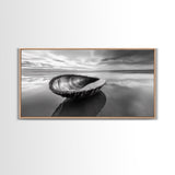 Seashell Shore Still, Ocean Reflection Calm, Beach Shell Close-Up, Framed Canvas Print, Coastal Minimalism, Bathroom Wall Art