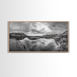 Reflected Cliffs, Stormy Sky, Coastal View, Dramatic Landscape, Canvas Print, minimalist art, office decor, moody black and white wall art