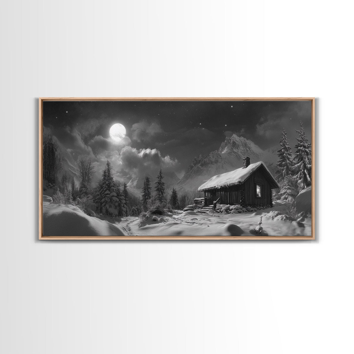 Snowy Cabin, Winter Night, Starry Sky, Cozy Mountain Scene, Framed Canvas Print, rustic lodge decor, Christmas art, bedroom wall print