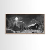 Snowy Cabin, Winter Night, Starry Sky, Cozy Mountain Scene, Framed Canvas Print, rustic lodge decor, Christmas art, bedroom wall print
