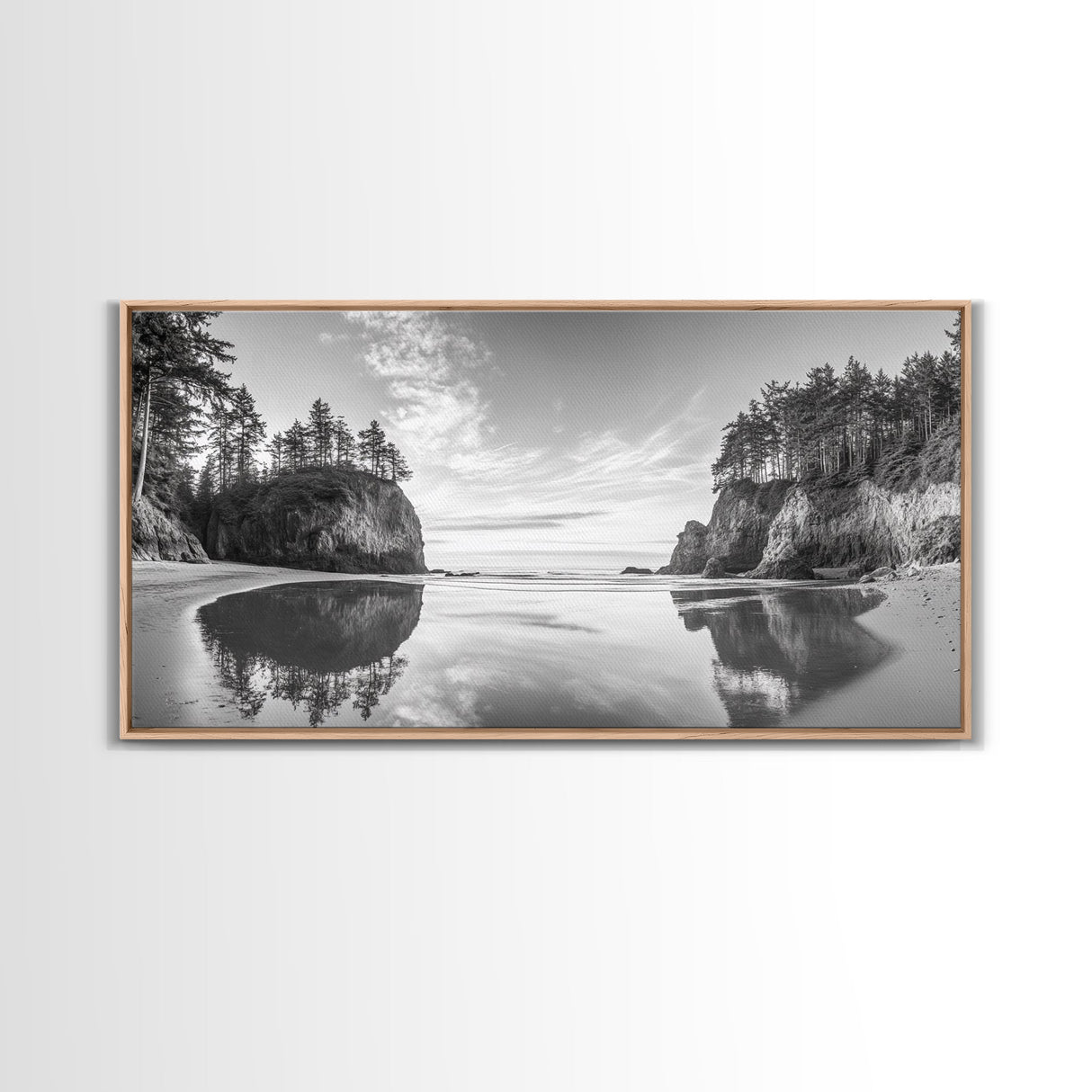 Sea Stacks, Calm Waters, Coastal Trees, Tranquil Morning, Framed Canvas Print, coastal wall art, nature inspired, entryway decor