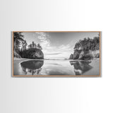 Sea Stacks, Calm Waters, Coastal Trees, Tranquil Morning, Framed Canvas Print, coastal wall art, nature inspired, entryway decor