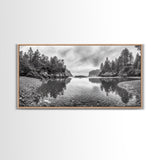 Forest Shoreline, Pebble Beach, Misty Inlet, Calm Waters, Canvas Print, natural modern art, neutral palette, living room wall decor