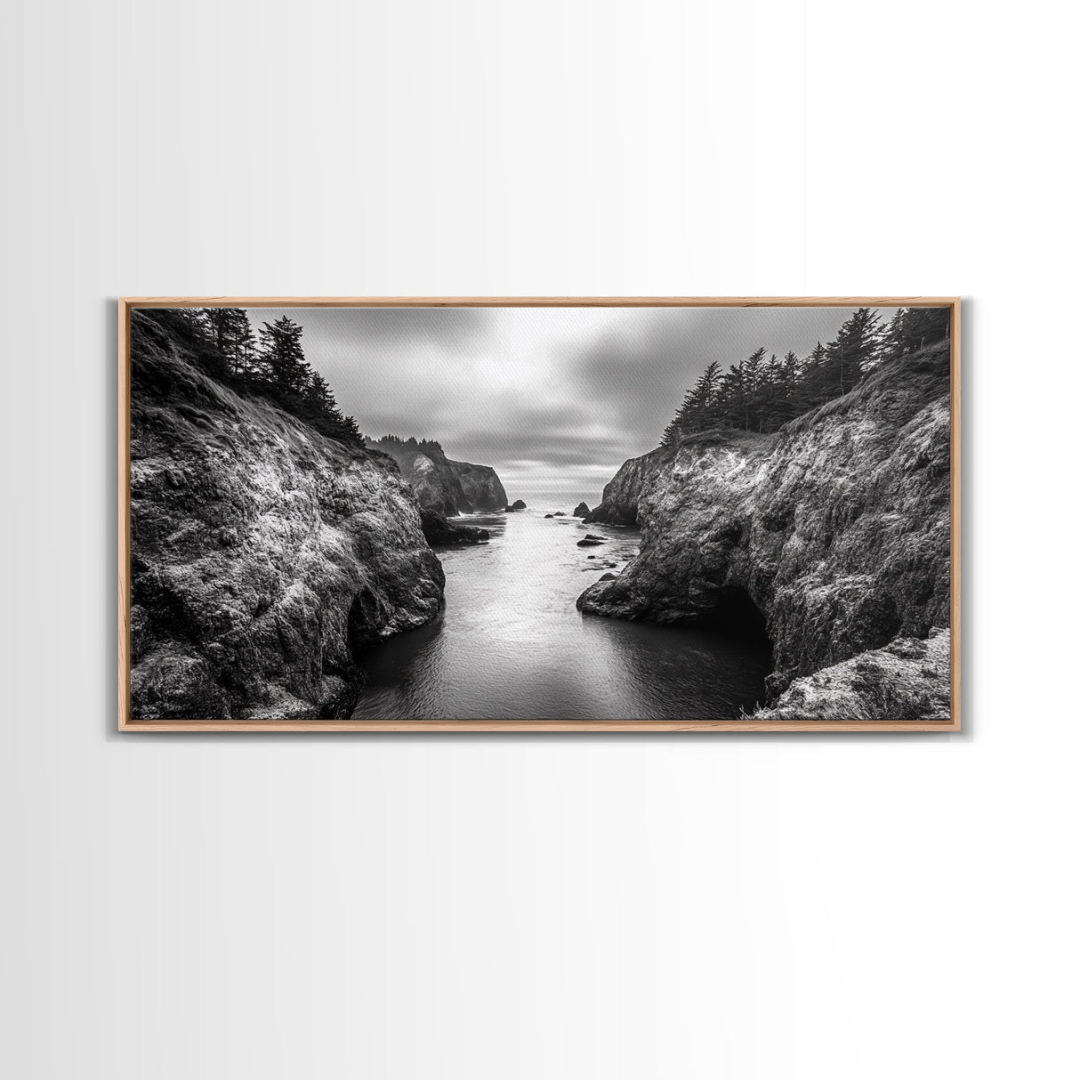 Ocean Passage, Cliff Channel, Rugged Coast, Forest Horizon, Canvas Print, dramatic nature art, large wall piece, hallway landscape art