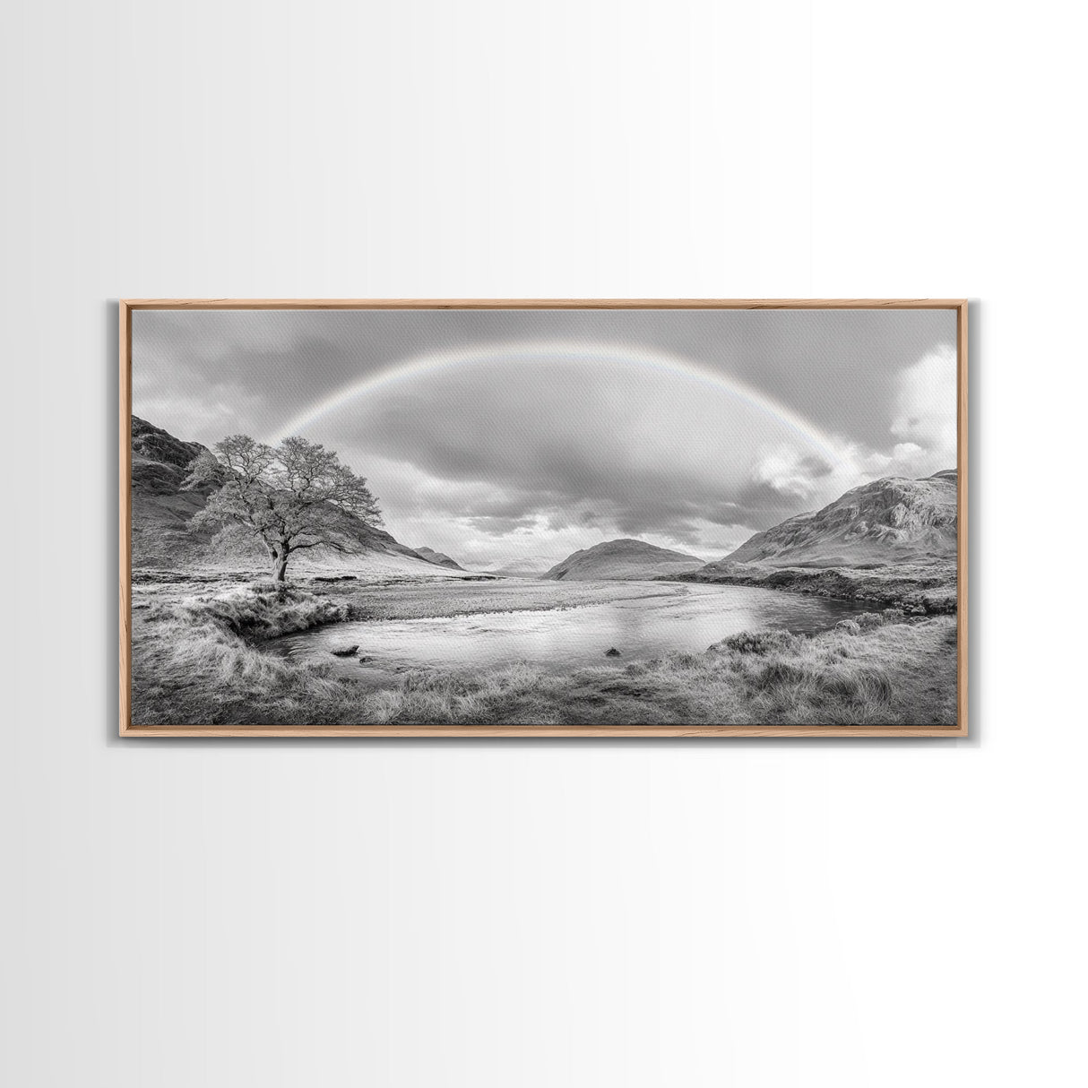 Rainbow, River Valley, Highland Scene, Minimalist Landscape Art, Framed Canvas Print, Entryway Decor, Rustic Nature Print, Calming Wall Art