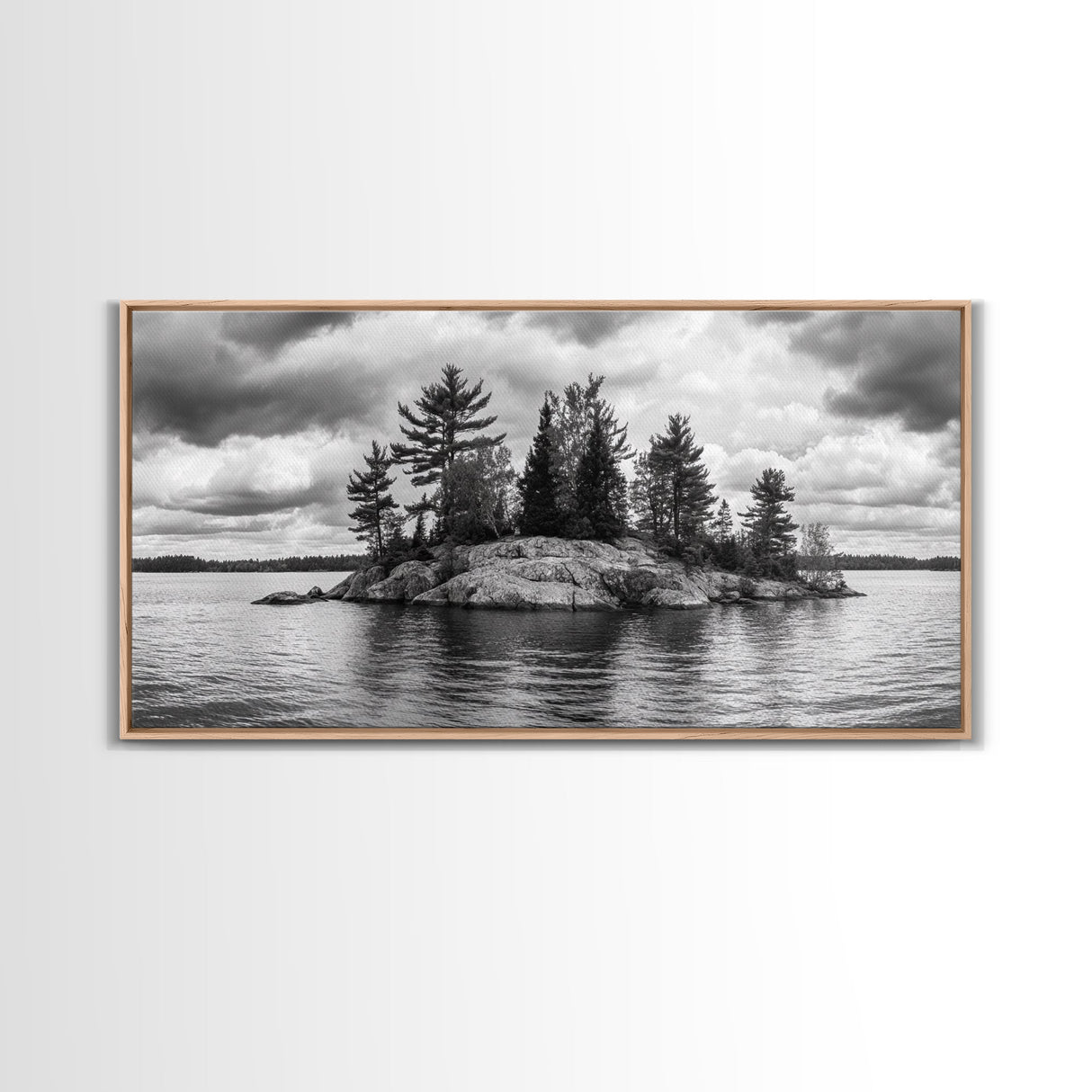 Lake Island, Pine Trees, Nature Panorama, Black and White Wilderness, Framed Canvas Print, Office Wall Art, Outdoor Inspired Decor