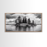 Lake Island, Pine Trees, Nature Panorama, Black and White Wilderness, Framed Canvas Print, Office Wall Art, Outdoor Inspired Decor