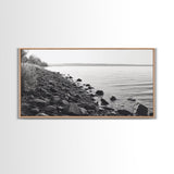 Shoreline Rocks, Quiet Water, Still Landscape, Coastal Photography, Canvas Print, Minimalist Office Art, Calm Nature Scene