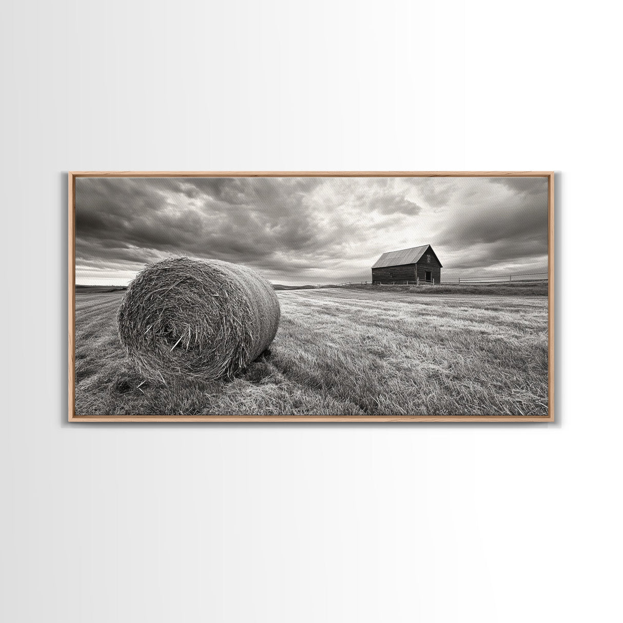 Barn Field, Hay Bale, Rural Farmland Scene, Autumn Countryside Art, Canvas Print, Farmhouse Wall Decor, Rustic Fall Living Room Art