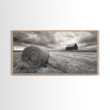 Barn Field, Hay Bale, Rural Farmland Scene, Autumn Countryside Art, Canvas Print, Farmhouse Wall Decor, Rustic Fall Living Room Art