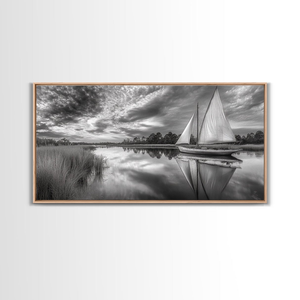 Sailboat Reflection, Tranquil River, Nautical Scene, Black White, Framed Canvas Print, Coastal Decor, Beach House Wall Art, Ocean Minimalism