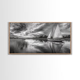 Sailboat Reflection, Tranquil River, Nautical Scene, Black White, Framed Canvas Print, Coastal Decor, Beach House Wall Art, Ocean Minimalism
