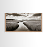 Winding River, Marsh Grass, Nature Path, Sepia Tones, Framed Canvas Print, Country Wall Art, Entryway Decor, Rustic Landscape Aesthetic