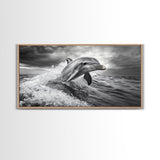 Leaping Dolphin, Ocean Life, Marine Animal, Waves Splashing, Framed Canvas Print, Coastal Kids Room Art, Beach House Decor