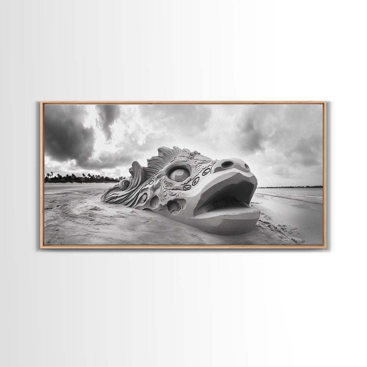 Dragon Head Sculpture, Beach Sand Art, Mythical Creature Decor, Fantasy Vibes, Framed Canvas Print, Game Room Wall Art, Office Wall Art