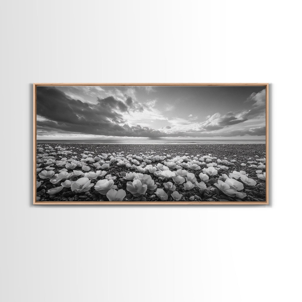 Flower Beach Shore, Coastal Blossoms, Pebble Flower Scene, Nature Bloom Decor, Canvas Print, Living Room Wall Art, Boho Art