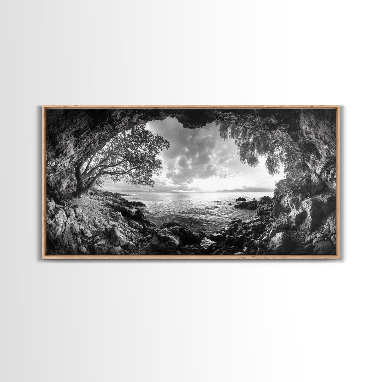 Ocean Cave View, Coastal Tree Framing, Tranquil Sea Scene, Nature Window Art, Framed Canvas Print, Bedroom Wall Art, Zen Decor