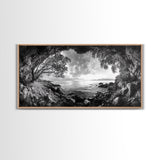 Ocean Cave View, Coastal Tree Framing, Tranquil Sea Scene, Nature Window Art, Framed Canvas Print, Bedroom Wall Art, Zen Decor