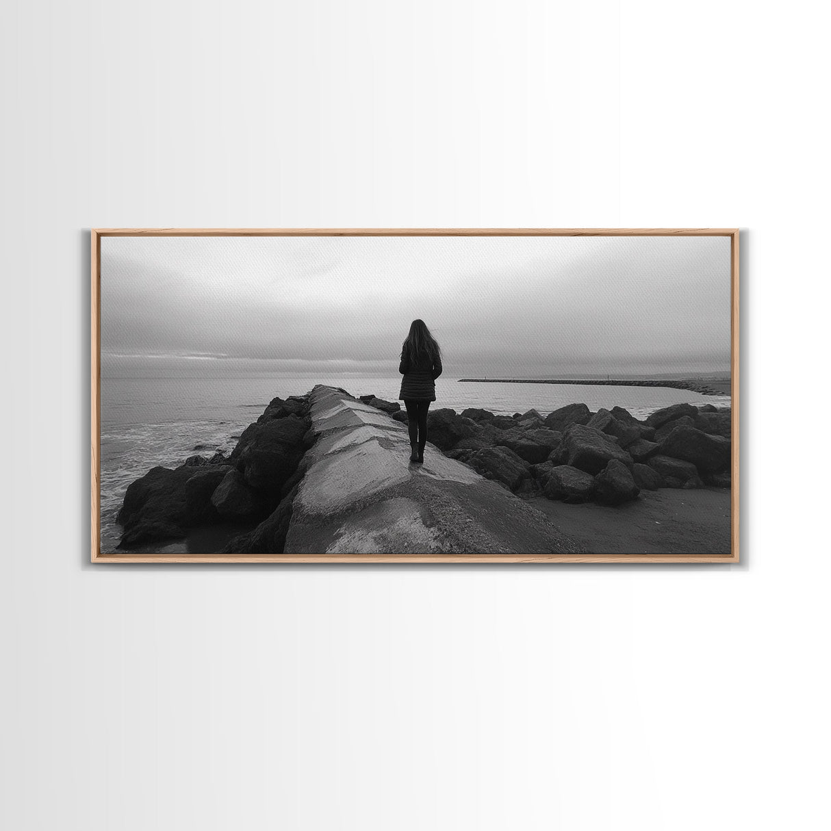 Woman Walking, Jetty View, Seaside Mood, Solitude Moment, Framed Canvas Print, Moody Wall Art, Bedroom Meditation Decor, Boho Decor
