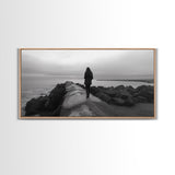 Woman Walking, Jetty View, Seaside Mood, Solitude Moment, Framed Canvas Print, Moody Wall Art, Bedroom Meditation Decor, Boho Decor
