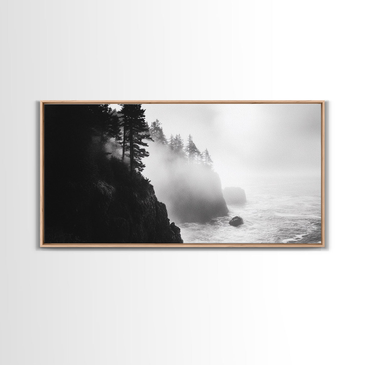 Foggy Cliff Coast, Ocean Pines Landscape, Moody Nature Art, Misty Seascape Scene, Framed Canvas Print, Living Room Wall Art, Fall Decor