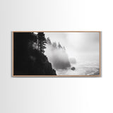 Foggy Cliff Coast, Ocean Pines Landscape, Moody Nature Art, Misty Seascape Scene, Framed Canvas Print, Living Room Wall Art, Fall Decor