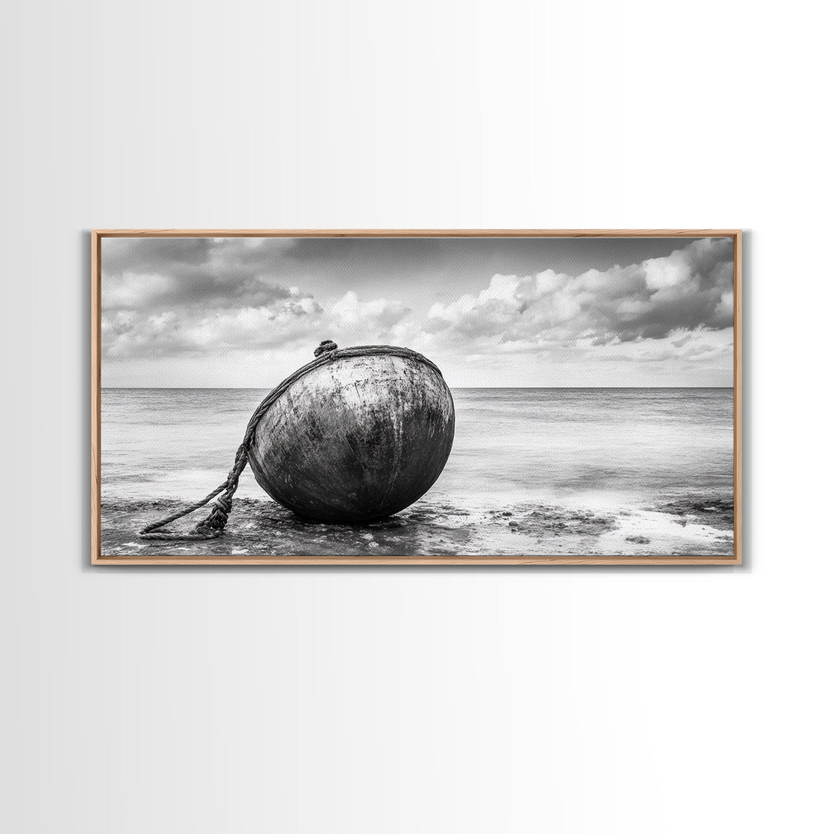 Weathered Buoy, Nautical Rope, Coastal Still Life, Beach Found Object, Framed Canvas Print, Beach House Art, Bathroom Wall Decor