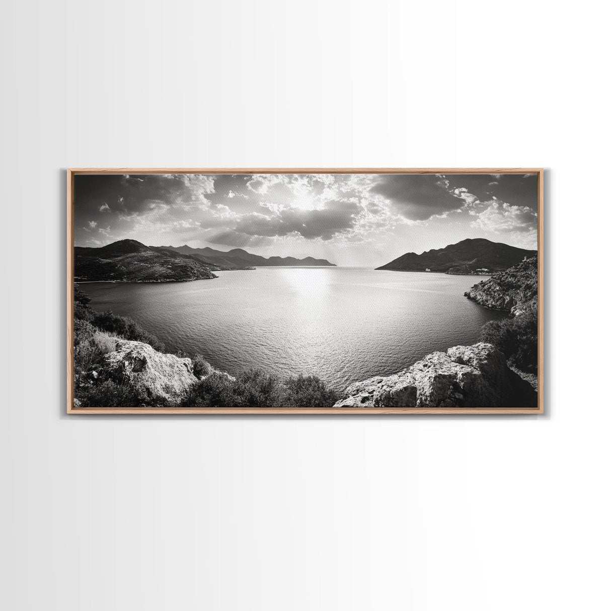 Ocean Sunset View, Mountain Coast Landscape, Black and White Art, Canvas Print, Minimalist Decor, Living Room Wall Art, Tranquil Home Style