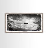Shipwreck Beach Scene, Dramatic Coastline, Black and White Decor, Framed Canvas Print, Moody Art, Coastal Wall Art, Rustic Bedroom Print
