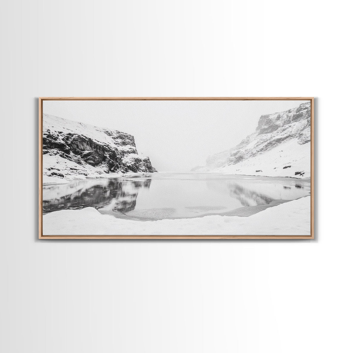 Snowy Cliff Reflection, Winter River Scene, Black and White Nature, Framed Canvas Print, Minimalist Wall Art, Neutral Winter Decor