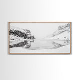Snowy Cliff Reflection, Winter River Scene, Black and White Nature, Framed Canvas Print, Minimalist Wall Art, Neutral Winter Decor