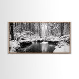 Winter Forest Creek, Snow Covered Trees, Black and White Tranquil Art, Canvas Print, Holiday Wall Art, Nature Lover Gift, Cozy Vibe