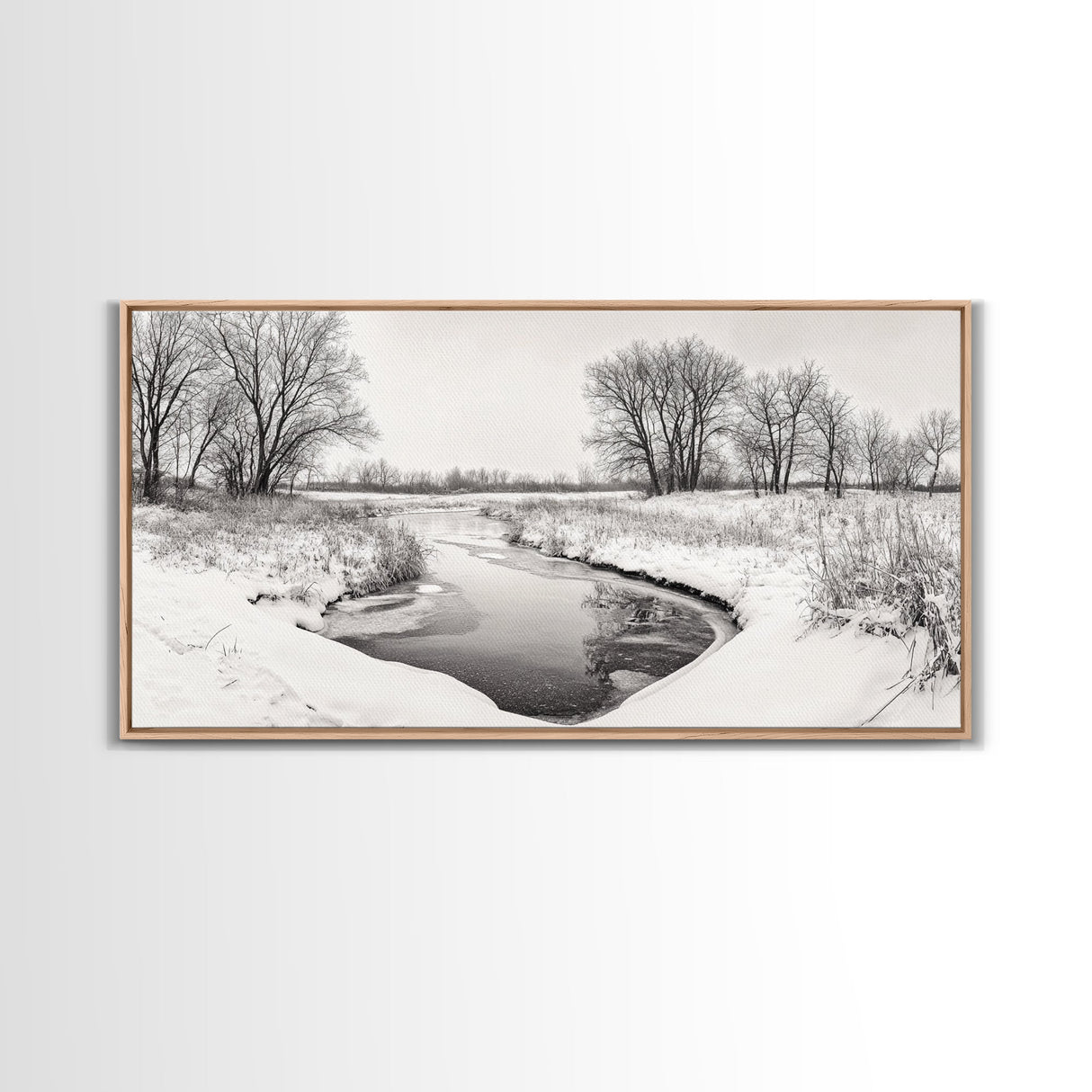 Frozen Stream Scene, Bare Trees Landscape, Black and White Nature Decor, Canvas Print, Winter Wall Art, Neutral Bedroom Accent