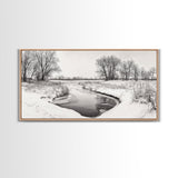 Frozen Stream Scene, Bare Trees Landscape, Black and White Nature Decor, Canvas Print, Winter Wall Art, Neutral Bedroom Accent