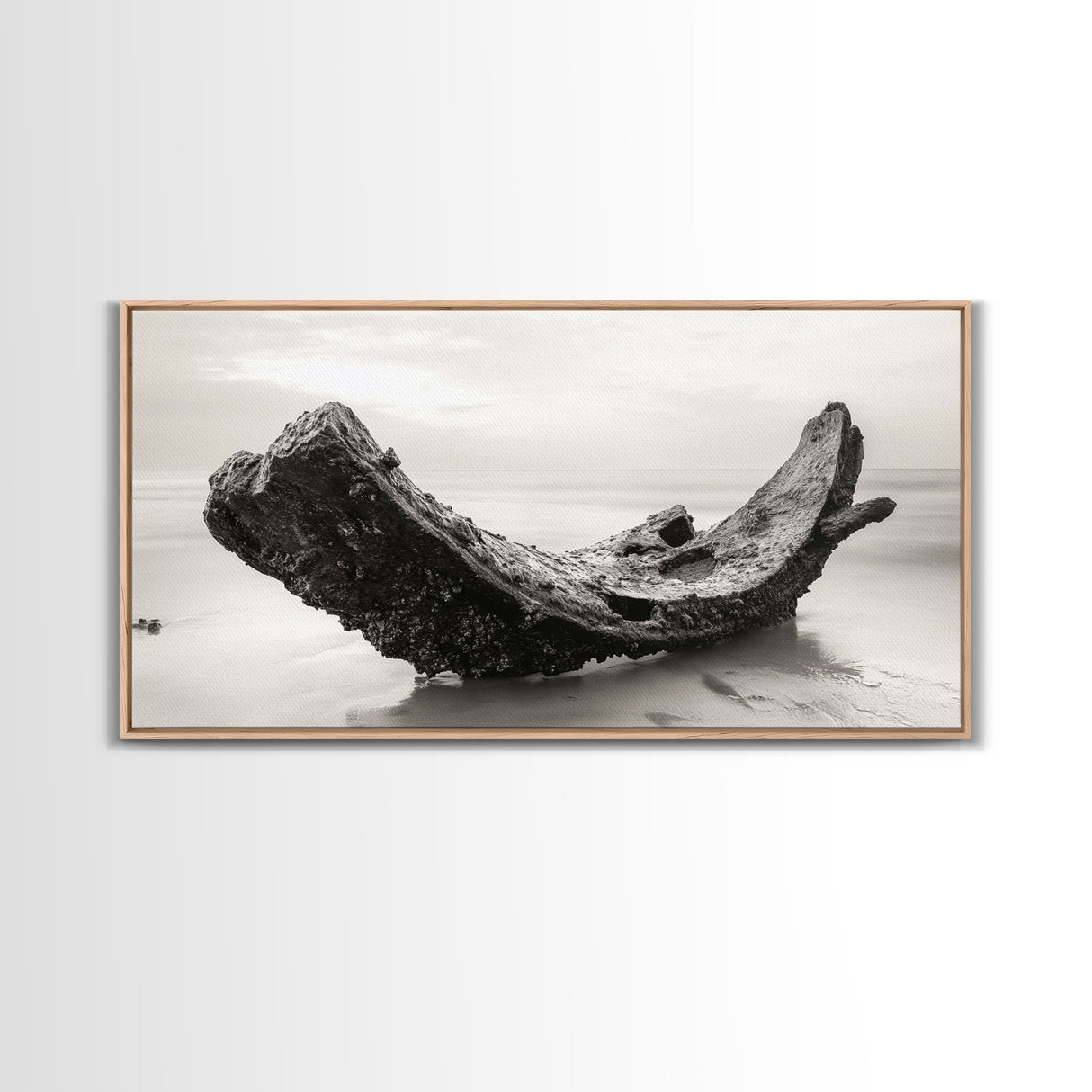 Coastal Shipwreck, Moody Beach, Driftwood Aesthetic, Minimalist Seascape, Canvas Print, Nautical Wall Art, Bathroom Decor, Ocean Art